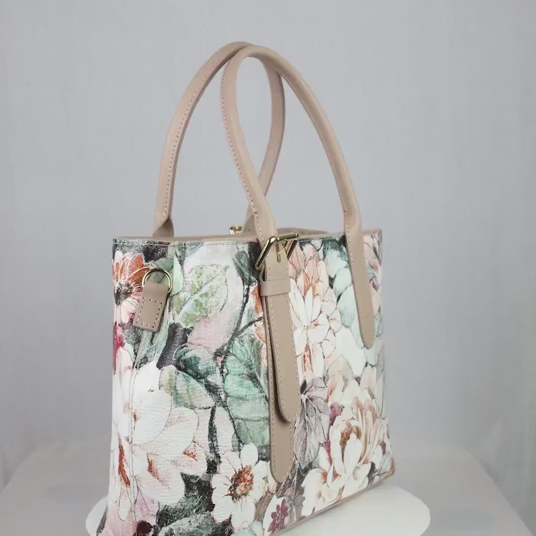 Italian Handmade Leather Bags For Women || Elegant Floral Leather Tote From Florence, Beige Bag, Made in Italy