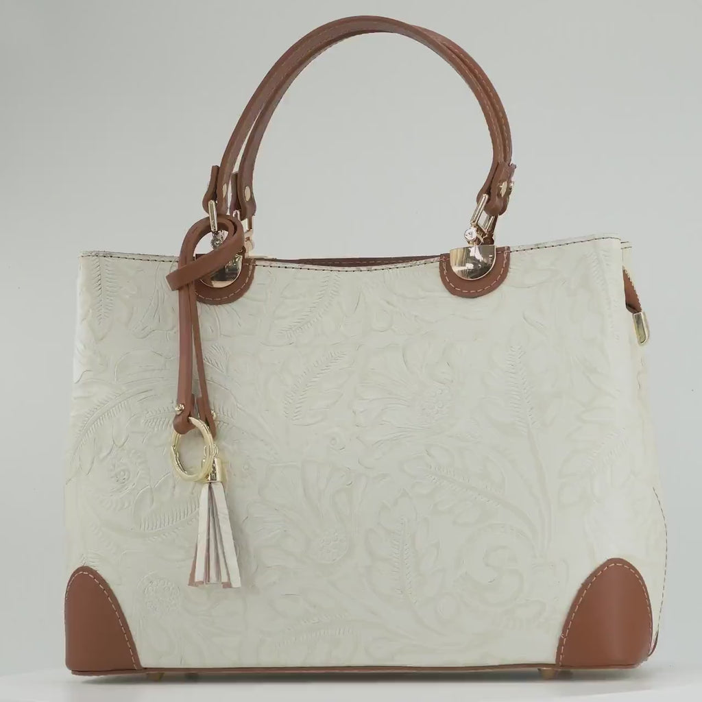 Italian Handmade Leather Bags For Woman | Elegant Embossed Leather Tote From Florence, Cream & Tan Bag, Made in Italy