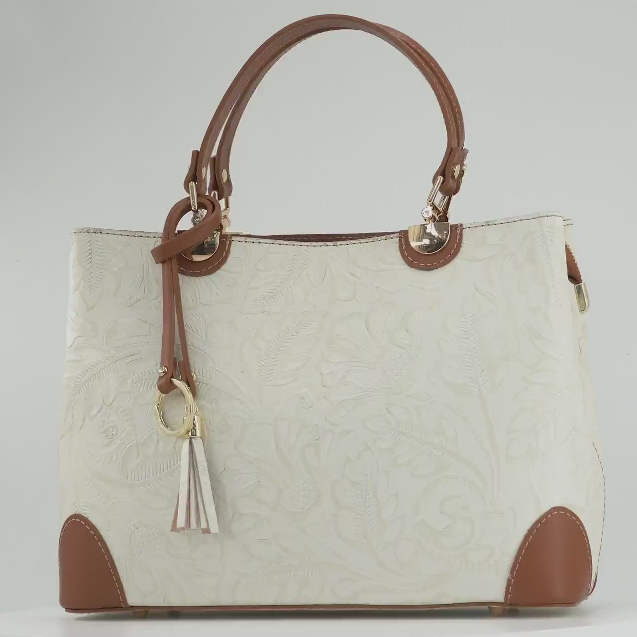 Italian Handmade Leather Bags For Woman | Elegant Embossed Leather Tote From Florence, Cream & Tan Bag, Made in Italy
