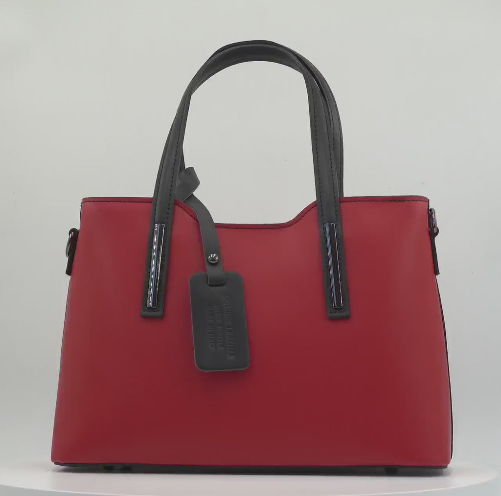 Italian Handmade Leather Bags for Women | Elegant Red & Black Leather Tote From Florence, Made in Italy | Work Purse Italian tote bag