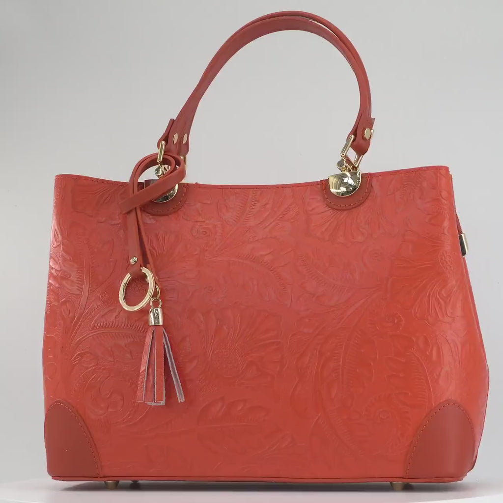 Italian Handmade Leather Bags For Woman | Elegant Embossed Leather Tote From Florence, Orange Bag, Made in Italy | Top Handle Shoulder Bag
