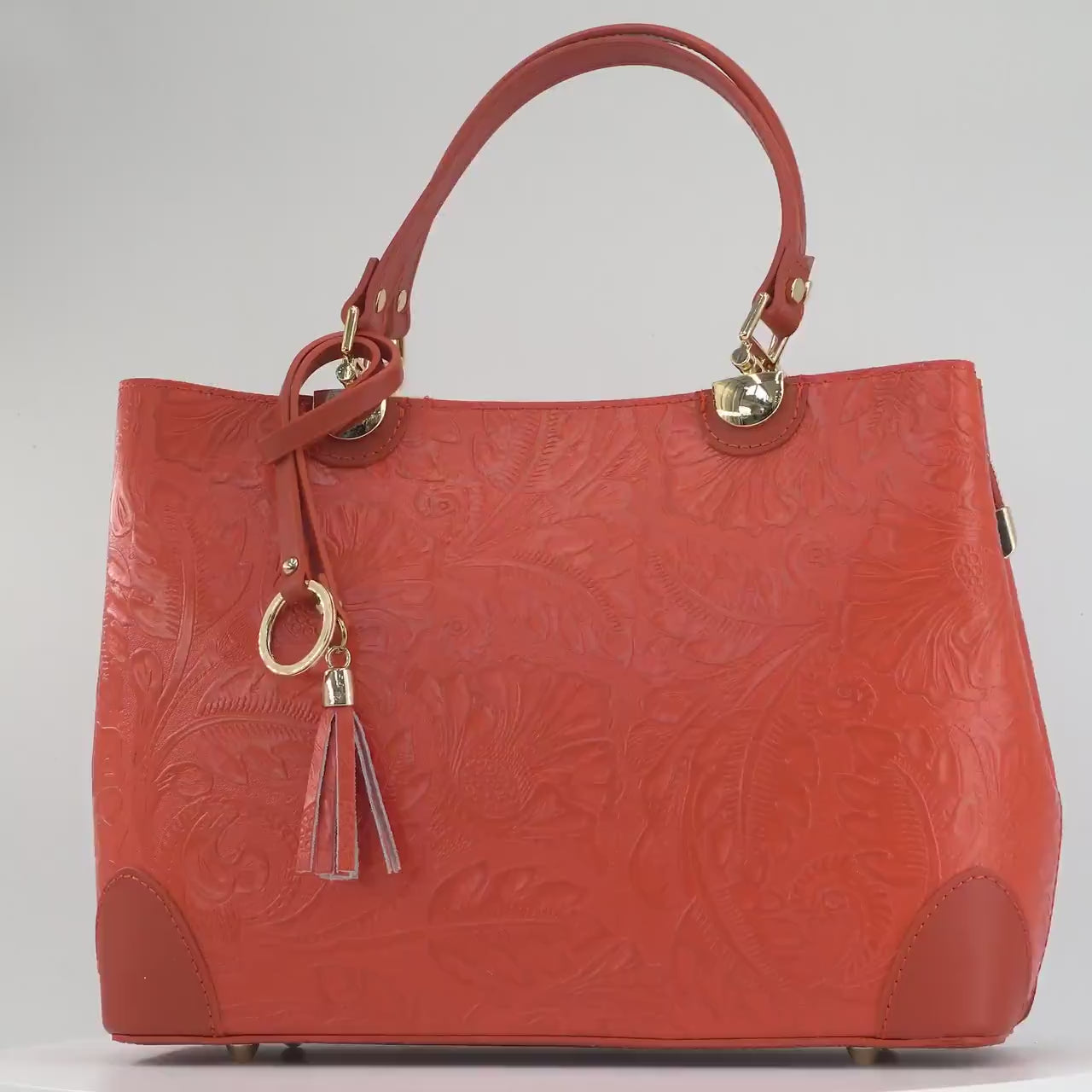 Italian Handmade Leather Bags For Woman | Elegant Embossed Leather Tote From Florence, Orange Bag, Made in Italy | Top Handle Shoulder Bag